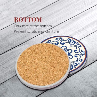 Drink Coasters 6-Piece Set, Geometric Tribal Boho Blue Red Absorbent Round Ceramic Stone Mat with Cork Bottom and Metal Holder, Housewarming Gift Bar Decor (Spanish Ceramic)