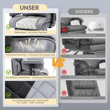 Ігровий крісло Dowinx, ергономічний офісний крісло з кишеньковим пружинним подушками, крісло для начальника з двошаровою м'якою спинкою та регульованою поперековою подушкою, підлокітниками та підставкою для ніг, комп'ютерне крісло, PU, сірий