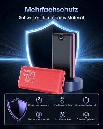 Power Bank 50000mAh з LED дисплеєм: Швидка зарядка 22.5W, 3 виходи USB-C, 2 входи, сумісний з iPhone, iPad, Android, червоний (XX-Large)