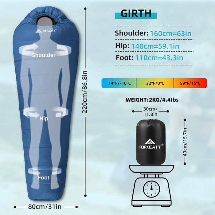 Спальний мішок Forceatt -10°C~15°C, 4 сезони, зимовий для дорослих, водонепроникний, ультралегкий для кемпінгу, подорожей, намету, активного відпочинку. -10°C, синій