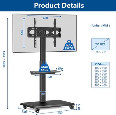 Підставка для телевізора на коліщатках RFIVER, мобільна, поворотна, чорна, для телевізорів 26-70 дюймів, VESA 400x400, до 35 кг