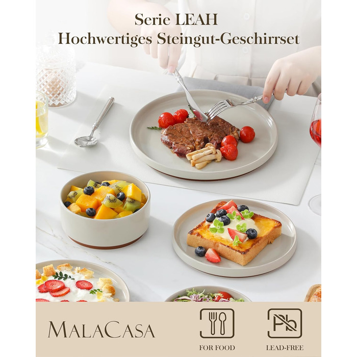 MALACASA Набір посуду з каменю 18 предметів для 6 осіб, керамічний сервіз з глазур'ю Сезам, набір тарілок та мисок, білий з коричневою основою, білий