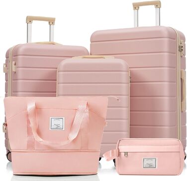 Набір валіз Merax Hartschalen 5 в 1: 3 валізи + 2 косметички, рожево-хакі, з колесами