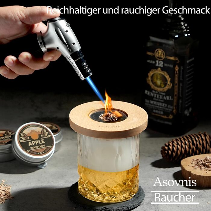 Набір для копчення віскі з факелом: 6 смаків, дерев'яні тріски, 2 склянки, 6 контейнерів для віскі, коктейльний набір для копчення, набір для копчення напоїв, подарунок на день народження для любителів бурбону (без бутану)