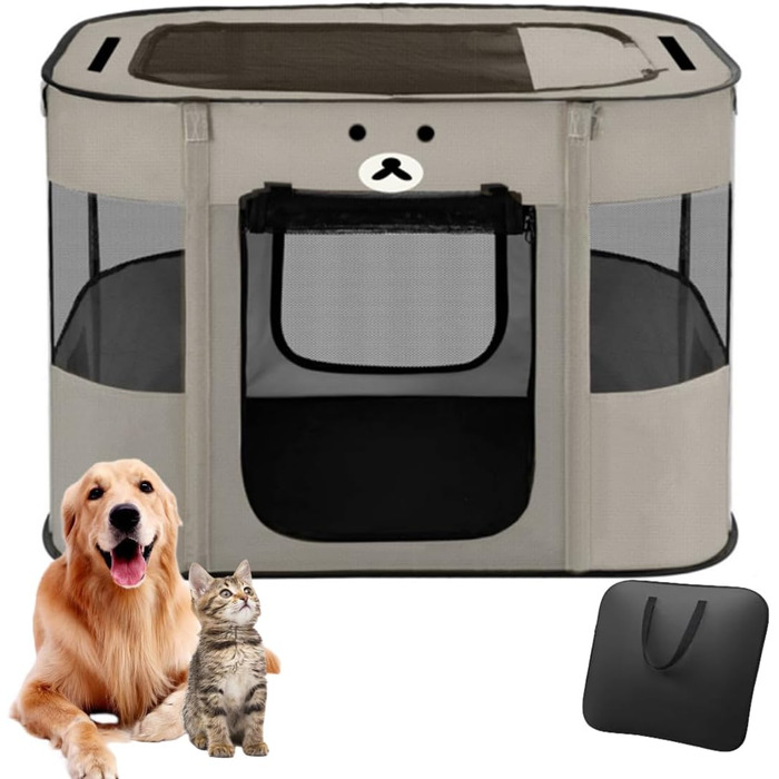 Portable Dog House & Pet Pen - 90x70x60cm Foldable Playpen for Dogs, Cats & Puppies - Enclosed Pet Tent (Gray)