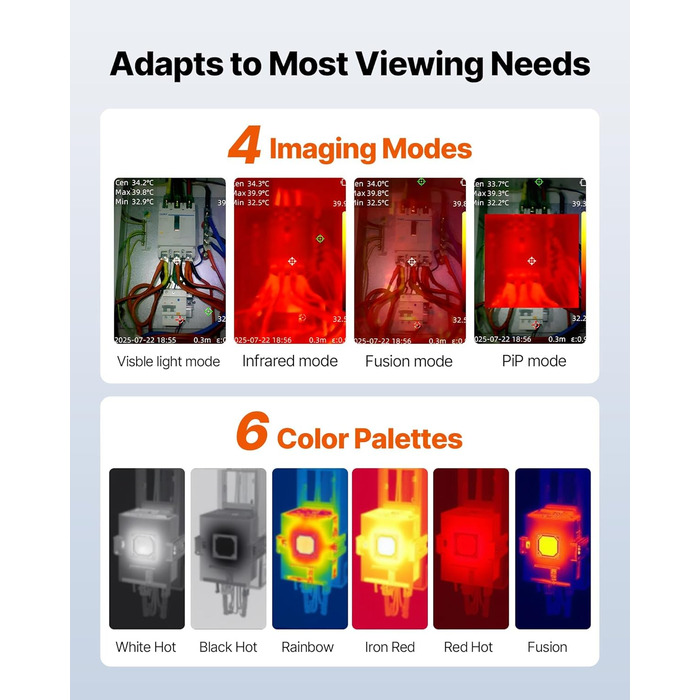 Тепловізор VEVOR з роздільною здатністю 320x240, термокамера з візуальною камерою 2MP, -20°C до 550°C, 4 режими та 6 колірних палітр