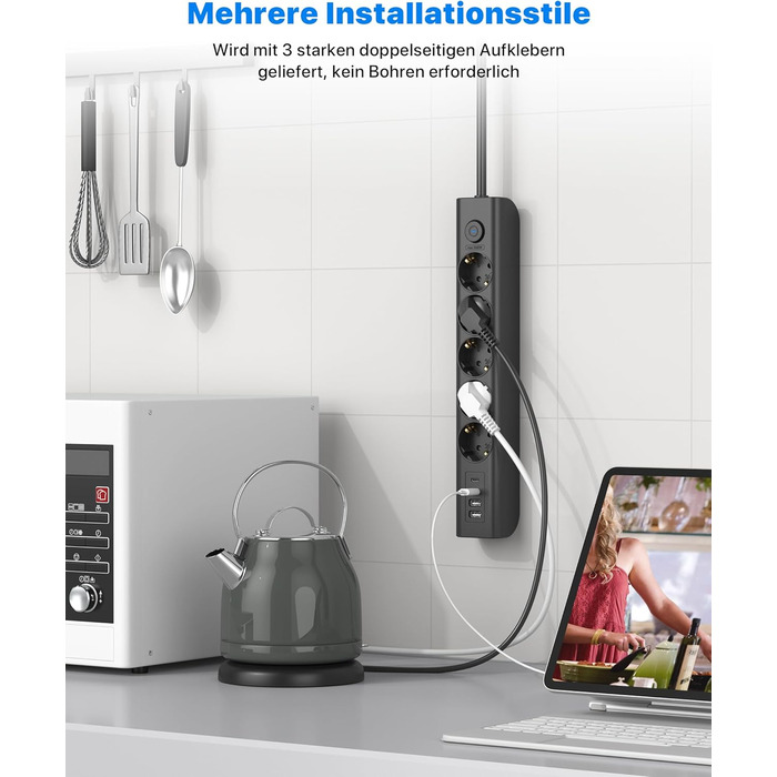 Мережевий фільтр Steckdose 8 в 1 з USB, 3680W, з вимикачем, 16A, 2 USB-C, для смартфонів, ноутбуків, iPad, 1.8M кабель, білий (чорний 5AC)