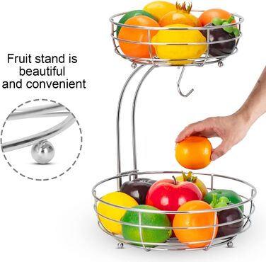 Металева фруктова корзина Bomclap з підставкою для бананів - 2 яруси. Сучасна фруктова корзина для кухні. Декоративна корзина для овочів та фруктів (срібна)