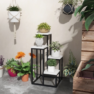 Outsunny Plant Stand Steel Flower Shelf 4 Tiers for Garden Balcony 34x34x70cm White