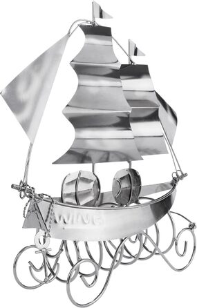 BRUBAKER Wine Bottle Holder Sailing Ship - Bottle Stand Sculpture made of Metal with Gift Card - Silver Wine Gift, Height 39 cm