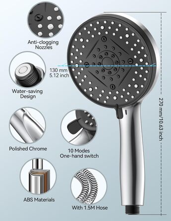Насадка для душу VOXON з 10 режимами, високий тиск, економія води, для чищення ванни та плитки, зі шлангом 1,5м