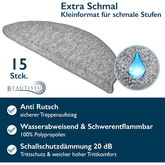 Килимок на сходи Beautissu ProStair 55x15 см (15 шт.) - сірий, самоклеючий, для вузьких сходів