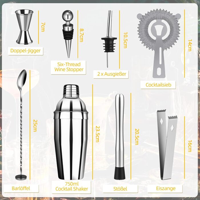 Набір для приготування коктейлів, 10 предметів, нержавіюча сталь, 750 мл, барменський набір з аксесуарами, для бару, вечірки, подарунок для чоловіків