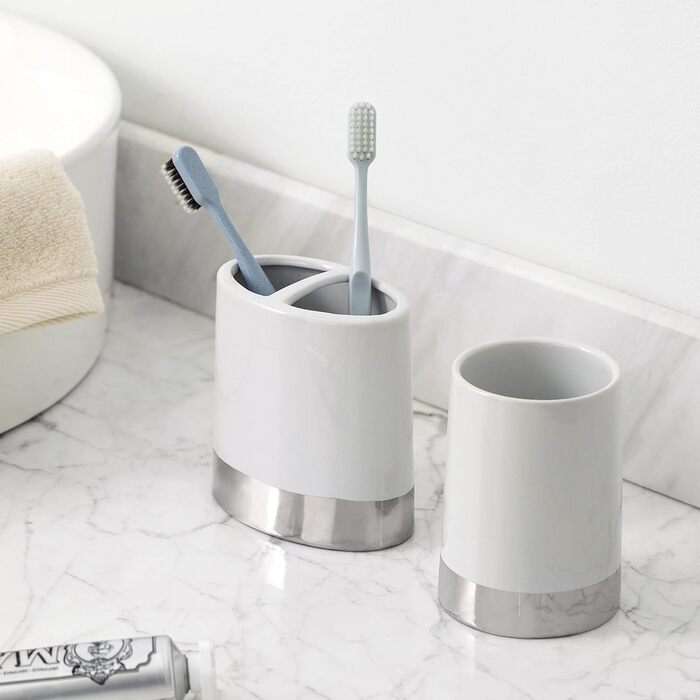 Motifeur Bathroom Accessories Set, 5-Piece Ceramic Bathroom Accessories Complete Set with Lotion Dispenser/Soap Pump, Cotton Swab Holder, Soap Dish, Tumbler, and Toothbrush Holder (White and Silver)