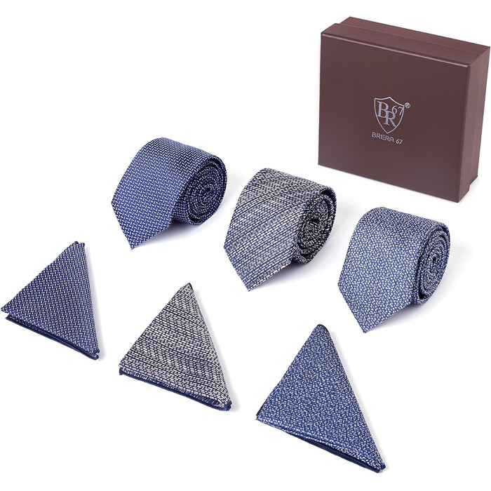 Набір краваток для чоловіків 3 шт. + 3 кишенькові хустинки | Подарунковий бокс для чоловіків | Класичний аксесуар для весілля | Білий та синій принт