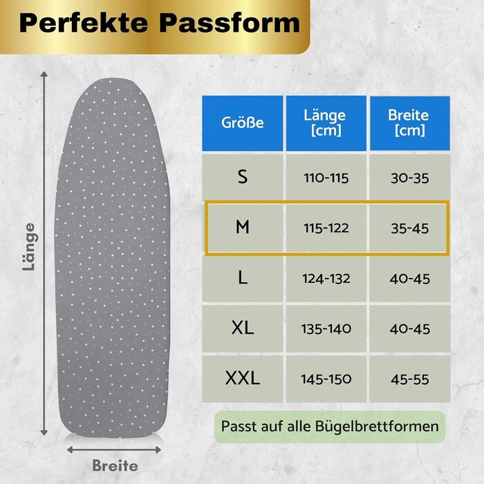 Чохол для прасувальної дошки 120x40 см - бавовна 100%, підходить для парової праски, товста підкладка, гумка та фіксатор, сірий/точки M