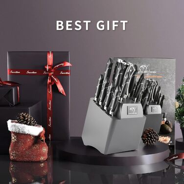 NANFANG BROTHERS 18-Piece Damascus Kitchen Knife Set with Hammered Handles & Wood Block - Premium Sharp Steel Blades