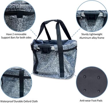 Складаний водонепроникний кошик на кермо велосипеда, знімний, з алюмінієвого сплаву, для собак та котів, для походів, пікніків та покупок (Чорний/Сірий)