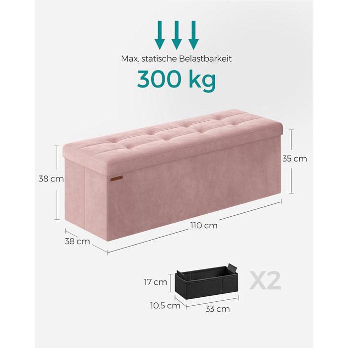 Складаний пуф SONGMICS з місцем для зберігання, пастельно-рожевий, 110×38×38 см, вантажопідйомність до 300 кг, для вітальні, спальні, коридору