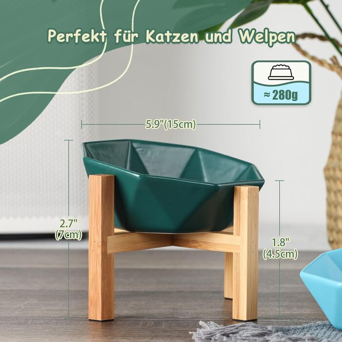 Керамічна годівниця для котів та собак на підставці, нахилена, зелена, 1 шт.