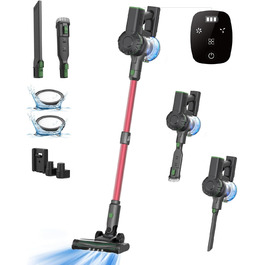 Бездротовий пилосос Vexilar Akku: 60 хв роботи, 45 kPa, 550 W, безщітковий двигун, LED дисплей, 6-в-1, тихий, для дому/авто, підходить для твердих поверхонь, килимів, шерсті тварин, зелений (червоний)