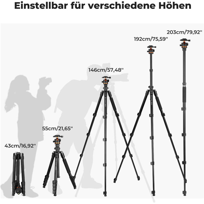 Штатив K&F Concept S255A3+BH-36, 190 см, для камери/DSLR/Camcorder, з тримачем для смартфона/планшета, чорний