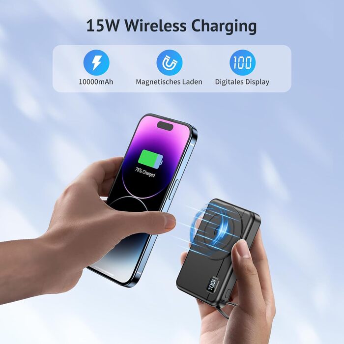 Powerbank MagSafe 10000mAh 22.5W з магнітним кріпленням, USB-C, LED-дисплеєм. Сумісний з iPhone 16/15/14/13/12 Pro Max, Galaxy та іншими пристроями. Чорний