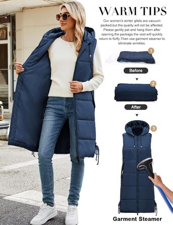 Жіноча довга стьобана жилетка Vancavoo з капюшоном, тепла зимова жилетка, довга жилетка (Морська синя, S)