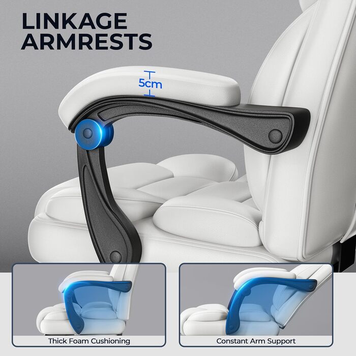 Ергономічне крісло Yaheetech для офісу, шезлонг з підставкою для ніг, комп'ютерне крісло з регульованими підлокітниками, висока спинка, регульована висота (Білий)