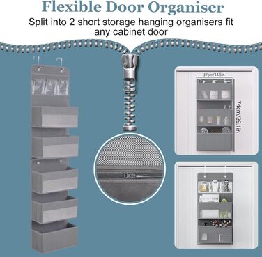 Органайзер для дверей, 5 кишень, з гачками, сірий. Організатор для ванної, шафи, кемпінгу, 150x36.5x14 см