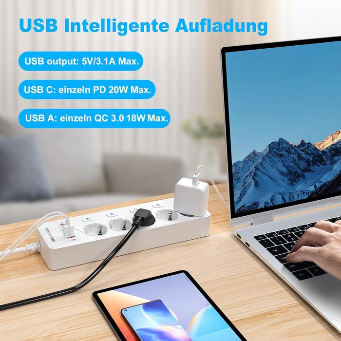 Мережевий адаптер 5-фазний з індивідуальним вимикачем, з 2 USB-A та 2 USB-C, мережевий розподільник 5-фазний з вимикачем, мережева стрічка настінна з 2м кабелем, PD 20W - Білий