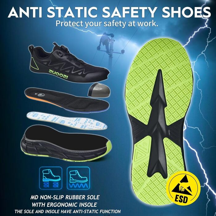 Черевики робочі чоловічі ISOOUS S3S, водонепроникні, ESD, з протиковзким покриттям, сталевий підносок (40 EU, чорний/зелений)