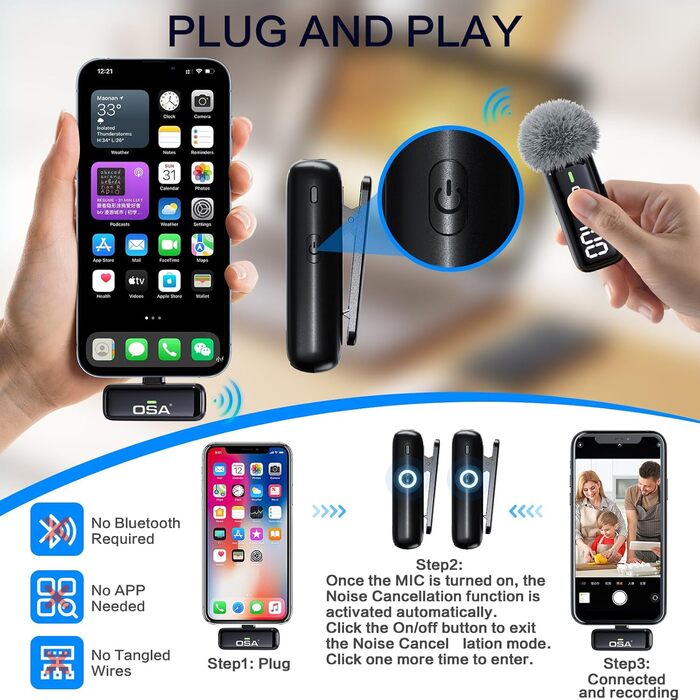 Бездротовий петличний мікрофон OSA: професійний комплект з двома мікрофонами, Plug-and-Play, для iPhone, Android, камери, ПК