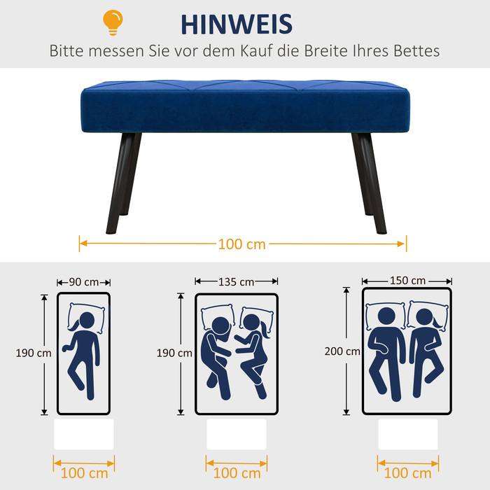HOMCOM Upholstered Bench, Bed Bench, Entryway Bench with X-Pattern, Velvet-Look, Holds up to 120 kg, for Bedroom, 100 x 36 x 45 cm, Blue | Aosom