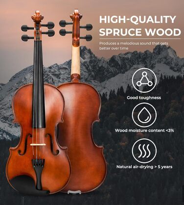 Скрипка Vangoa 4/4 з масиву дерева, набір для початківців, акустична, з кейсом, підставкою, смолою, струнами, інструкцією, демпфером, наклейками для нот, для дорослих, дітей та підлітків