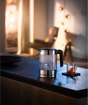 WMF Kitchenminis Kettle Glass 1 Liter, Cordless Small Kettle, Water Level Indicator, Scale Filter, Automatic Shut-Off, 1900 Watts, Cromargan Matt Single