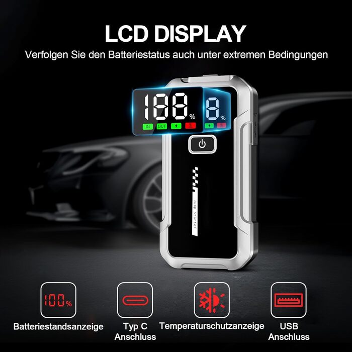 Портативний акумулятор Starthilfe для автомобіля 7000A: Запуск 12V авто, SUV, мотоцикла, газонокосарки. LED дисплей, чорний