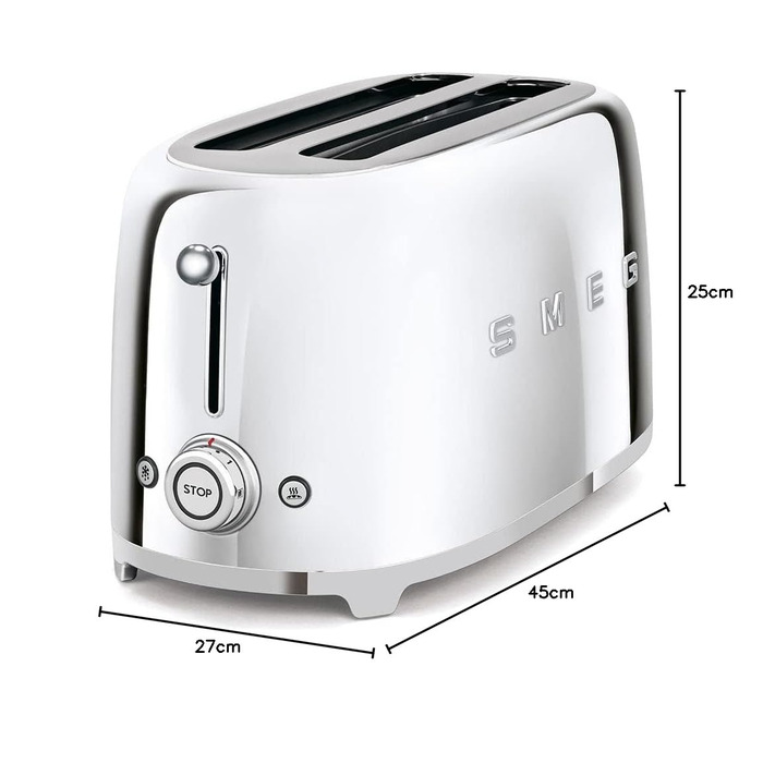 Тостер Smeg TSF02PBEU - 2 слоти для 4 скибочки хліба, 6 рівнів підсмажування, функція підігріву, розморожування та приготування багелів, знімний піддон, 1500W, пастельно-блакитний (сріблястий)