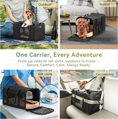 Транспортна переноска для кота та маленького собаки Petsfit, чорна, середнього розміру, з м'яким килимком та патентованими застібками