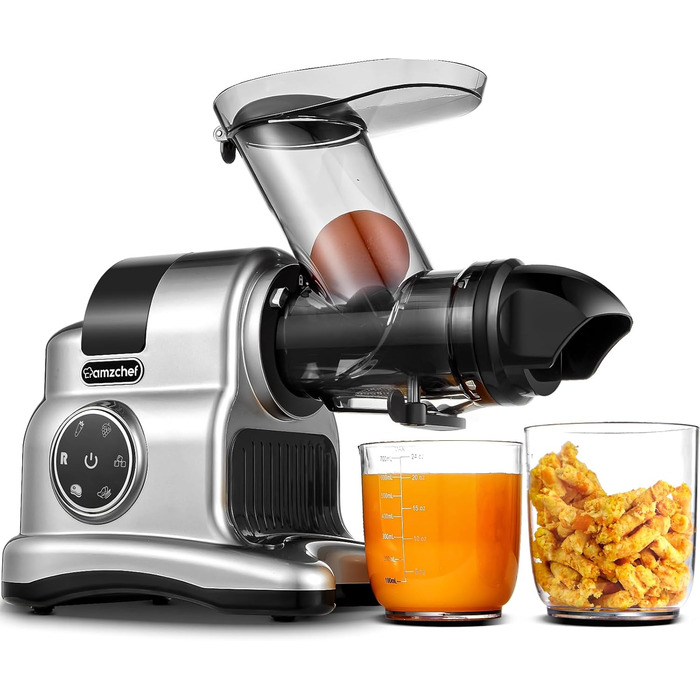 AMZCHEF Juicer with 80mm Large Feed Chute - 150W Juicer Slow Juicer with 2 Speed Modes and Reverse Function - Juicer for Whole Vegetables and Fruits Test Winner - Silver Juicer Silver
