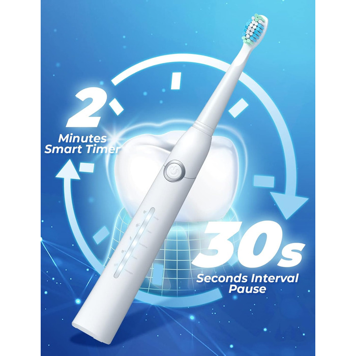 Електрична зубна щітка Demita зі звуковими коливаннями, 8 насадок, 40000 VPM, 5 режимів, швидка зарядка (30 днів роботи), S1, 3-білий
