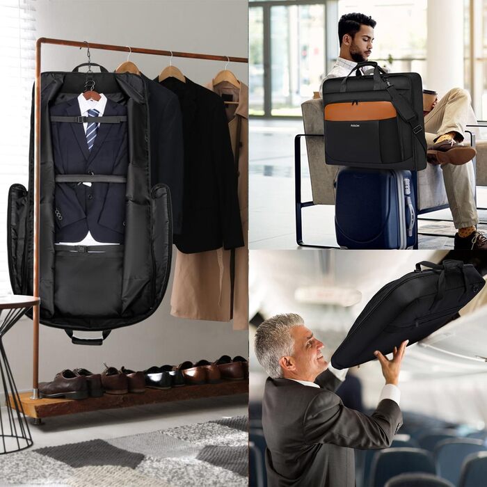 Garment Bag for Men - 40 Inch Carry-on for Up to 3 Suits, 2-in-1 Hanging Suitcase, Foldable Travel Duffel Bag for Business, 15.6 Inch Laptops - (Black-Brown)