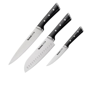 Набір ножів Tefal Ice Force 3 шт: ніж для м'яса 20 см, ніж Сантоку 18 см, універсальний ніж 11 см, нержавіюча сталь, чорний, K232S3