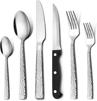 Homikit Cutlery Set, 36-Piece Cutlery Set with Steak Knives, Stainless Steel Polished Eating Cutlery for 6 People with Spoon, Knife, Fork, Hammered Flatware, Rust-Proof & Dishwasher Safe