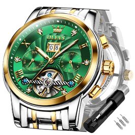 Чоловічий скелетон-годинник OLEVS 9910: кварцовий спортивний годинник з водовідштовхувальним корпусом, сталевий браслет (золото-срібло) та зелений циферблат