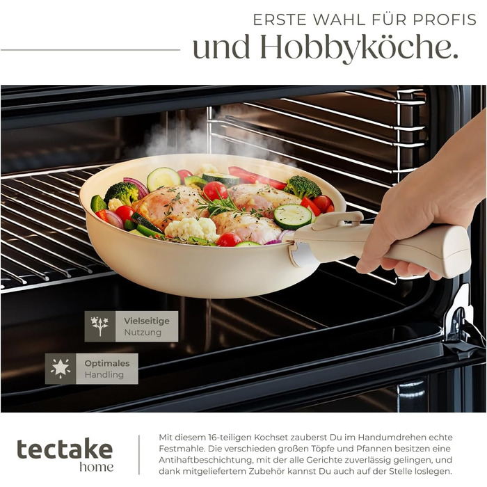 Набір посуду Tectake 16 предметів для індукції з керамічним антипригарним покриттям: каструлі, сковороди, кришки. Знімні ручки.