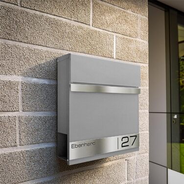 Поштова скринька Metzler Premium з газетницею Anthrazit, персоналізована з табличкою для імені, високоякісна настінна з нержавіючої сталі V2A з порошковим покриттям RAL 7016, модель Stencil (сірий алюміній)