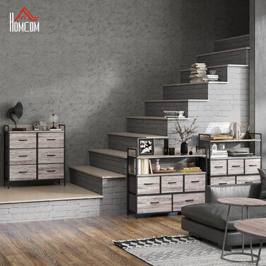HOMCOM 6-Drawer Fabric Storage Chest of Drawers, Storage Cabinet, Dresser-Style Unit with Wood-Look Finish, Handles, Steel Frame, Industrial Design Sideboard for Living Room - Grey | Aosom
