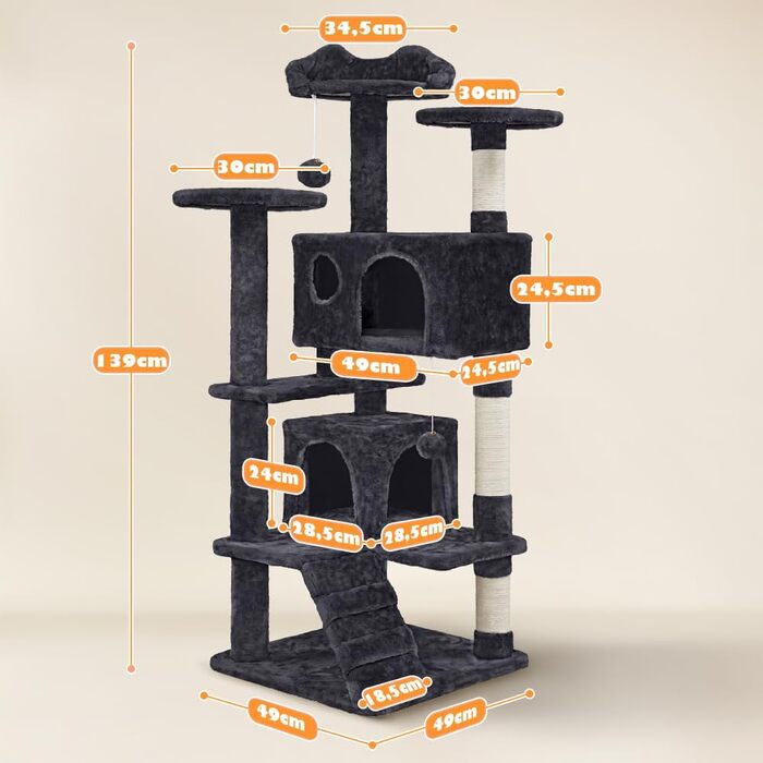 Кігтеточка-кольоротка Yaheetech 139 см, стабільна з 3 платформами, 3 стовпчиками, 2 печерами, плюшеві кульки, чорний колір