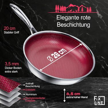 FIXLINE® Сковорода Black Forest 28 см - RED Design - антибактеріальне покриття без PTFE - для всіх типів плит (включно з індукцією) - можна використовувати в духовці до 250°C - легке очищення - ідеальна ідея для подарунка. Сковорода з антибактеріальним по